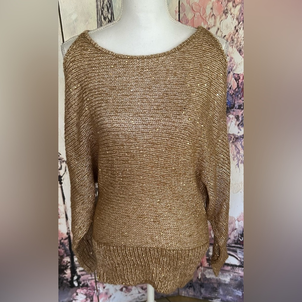Boston Proper - Elegant Metallic Gold with Sequins Cold Shoulder Sweater.